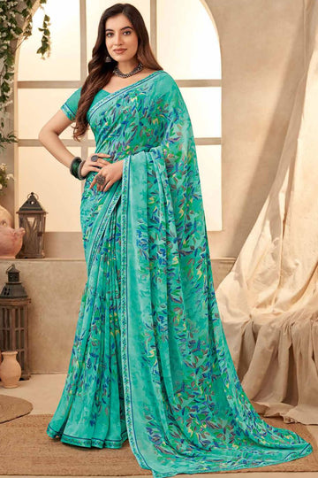 Turquoise Printed Georgette Casual Wear Saree