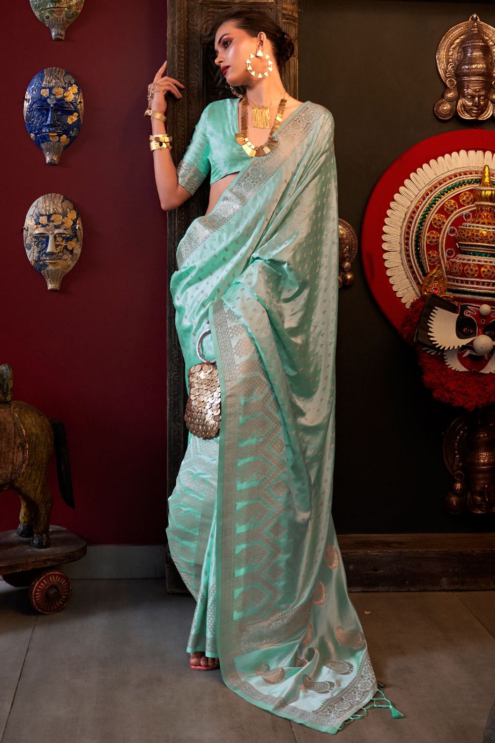 Turquoise Pure Satin Designer Handloom Weaving Saree