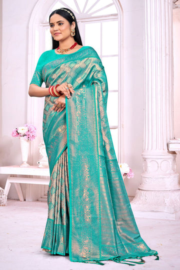 Turquoise Zari Weaving Work Silk Saree