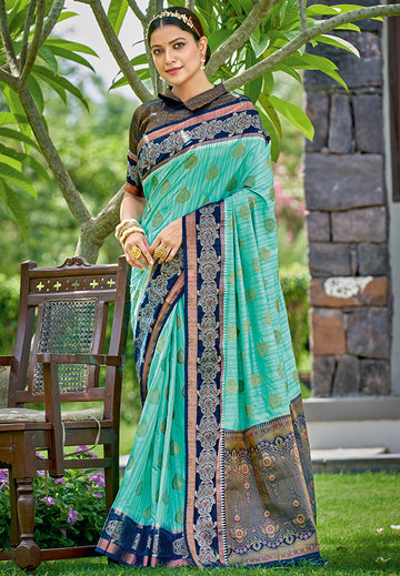 Turquoise Weaving Work Banarasi Silk Saree