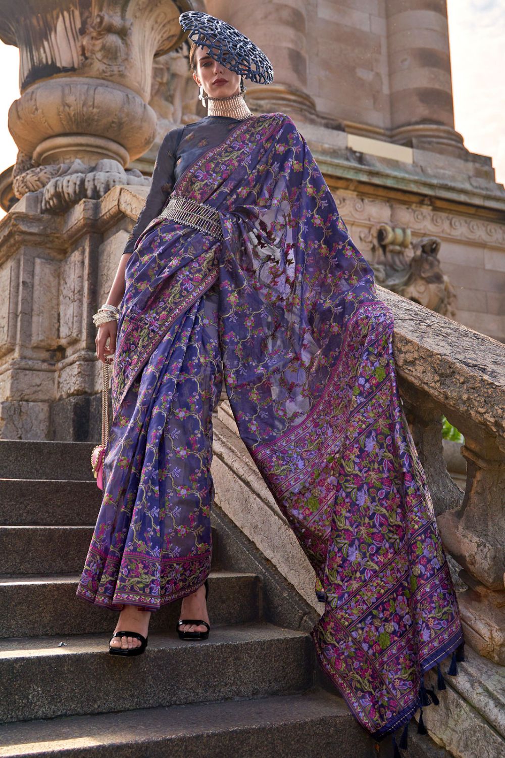 Violet Organza Parsi Handloom Weaving Party Wear Saree