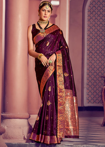 Wine Banarasi Silk Zari Weaving Work Saree