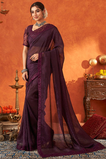 Wine Designer Chiffon Silk Saree