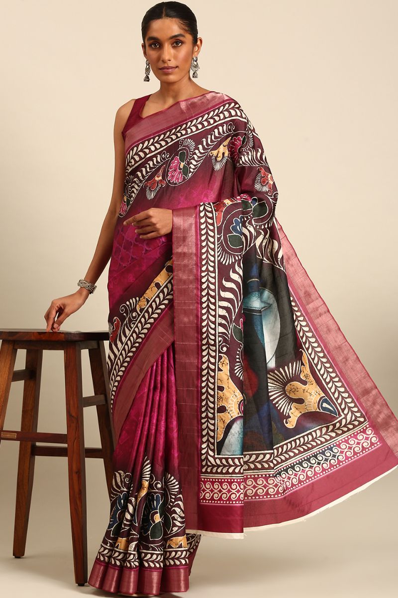 Wine Cotton Digital Print Saree