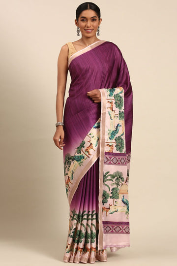 Wine Printed Cotton Saree