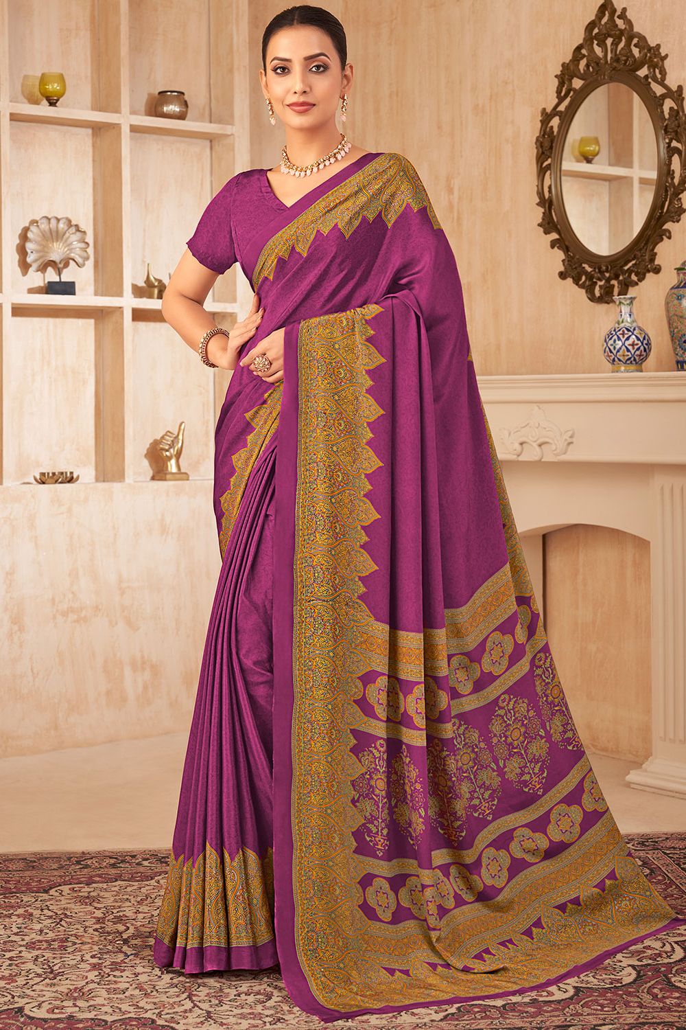 Wine Silk Crepe Saree with Digital Print