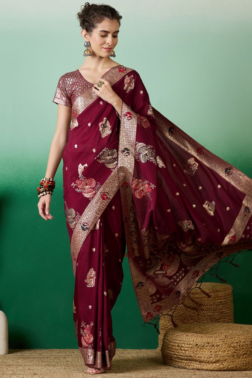 Wine Dola Jacquard Zari Woven Saree for Party