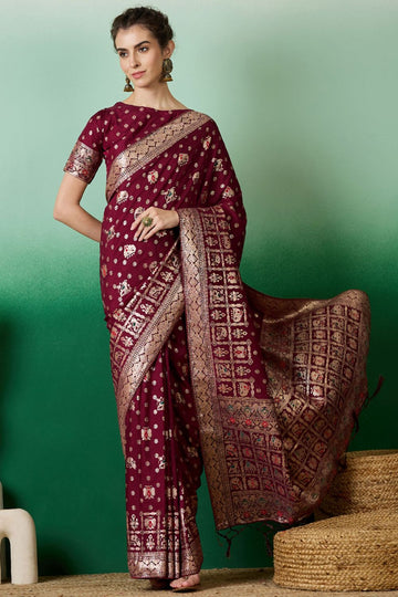 Wine Dola Jacquard Zari Woven Saree for Party