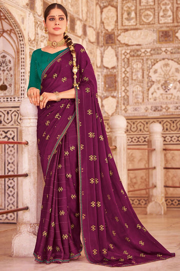 Wine Chiffon Saree with Embroidery Work