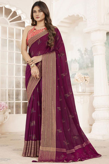 Wine Chiffon Saree with Foil Print