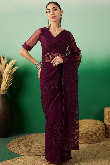 Wine Net Embroidered Saree for Party