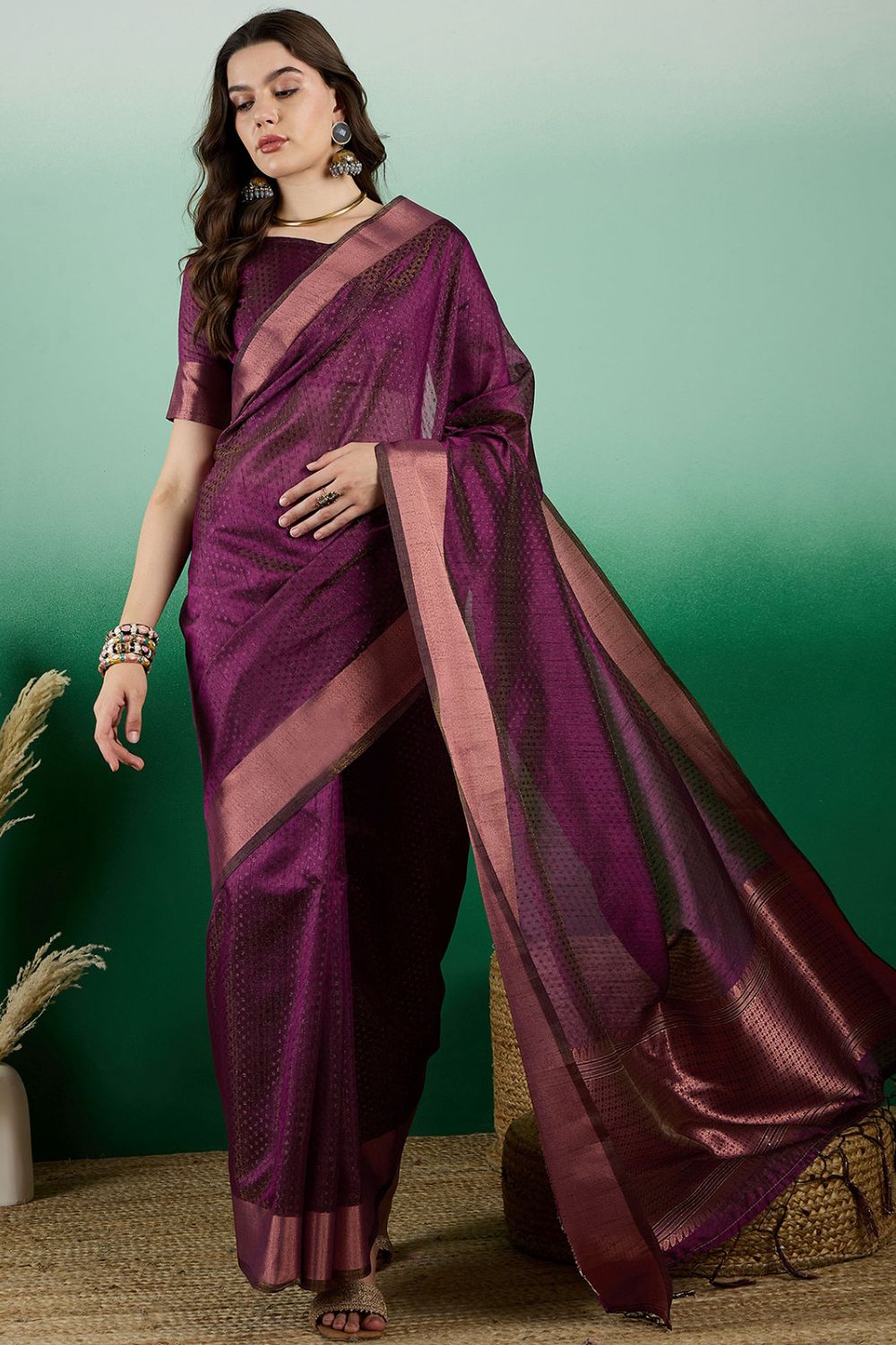 Wine Organza Woven Party Wear Saree