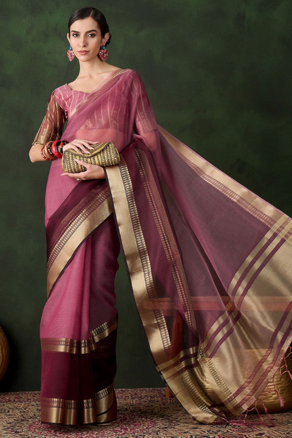 Wine Organza Saree for Party