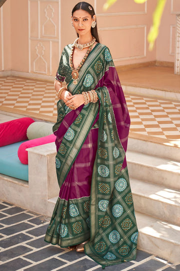 Wine Foil Print Patola Design Silk Saree