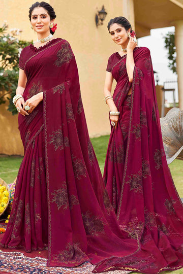 Wine Printed Georgette Casual Wear Saree