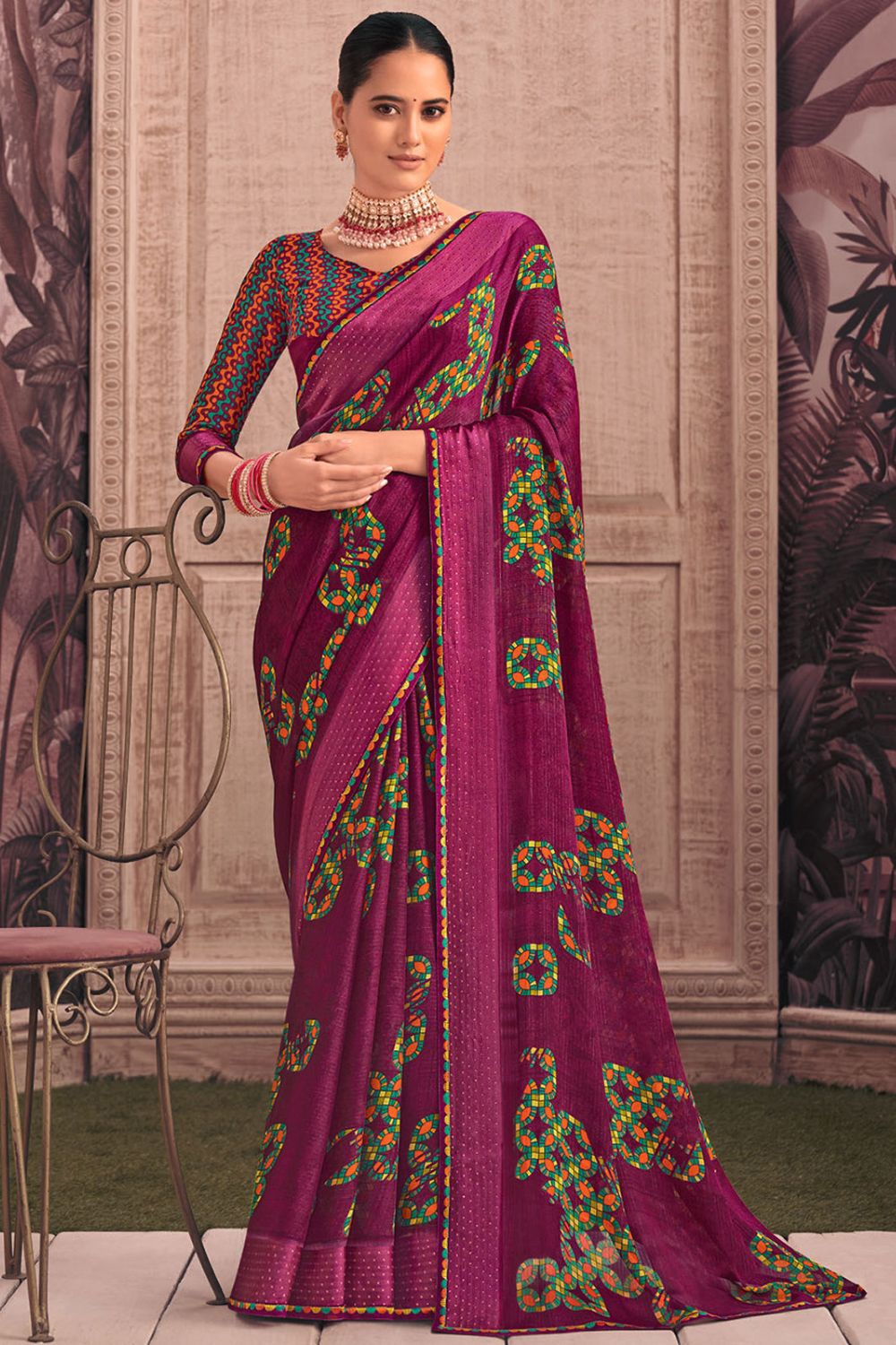 Wine Printed Georgette Casual Wear Saree