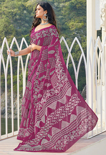 Wine Printed Cotton Saree for Party