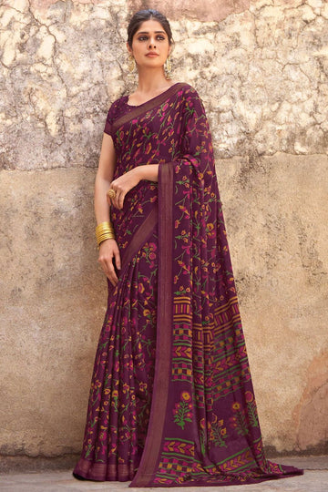 Wine Printed Crepe Satin Saree for Festival