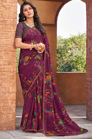 Wine Printed Georgette Casual Saree