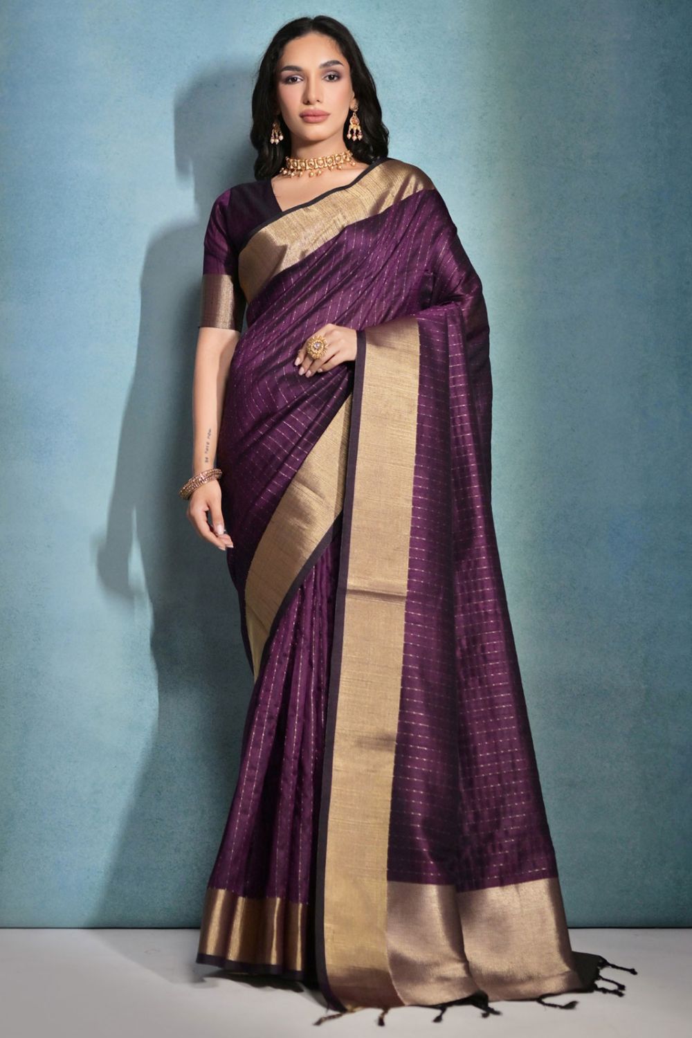 Wine Raw Silk Woven Party Wear Saree