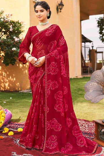 Wine Red Printed Georgette Casual Wear Saree