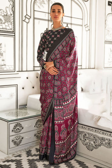 Wine Satin Crepe Digital Printed Casual Wear Saree