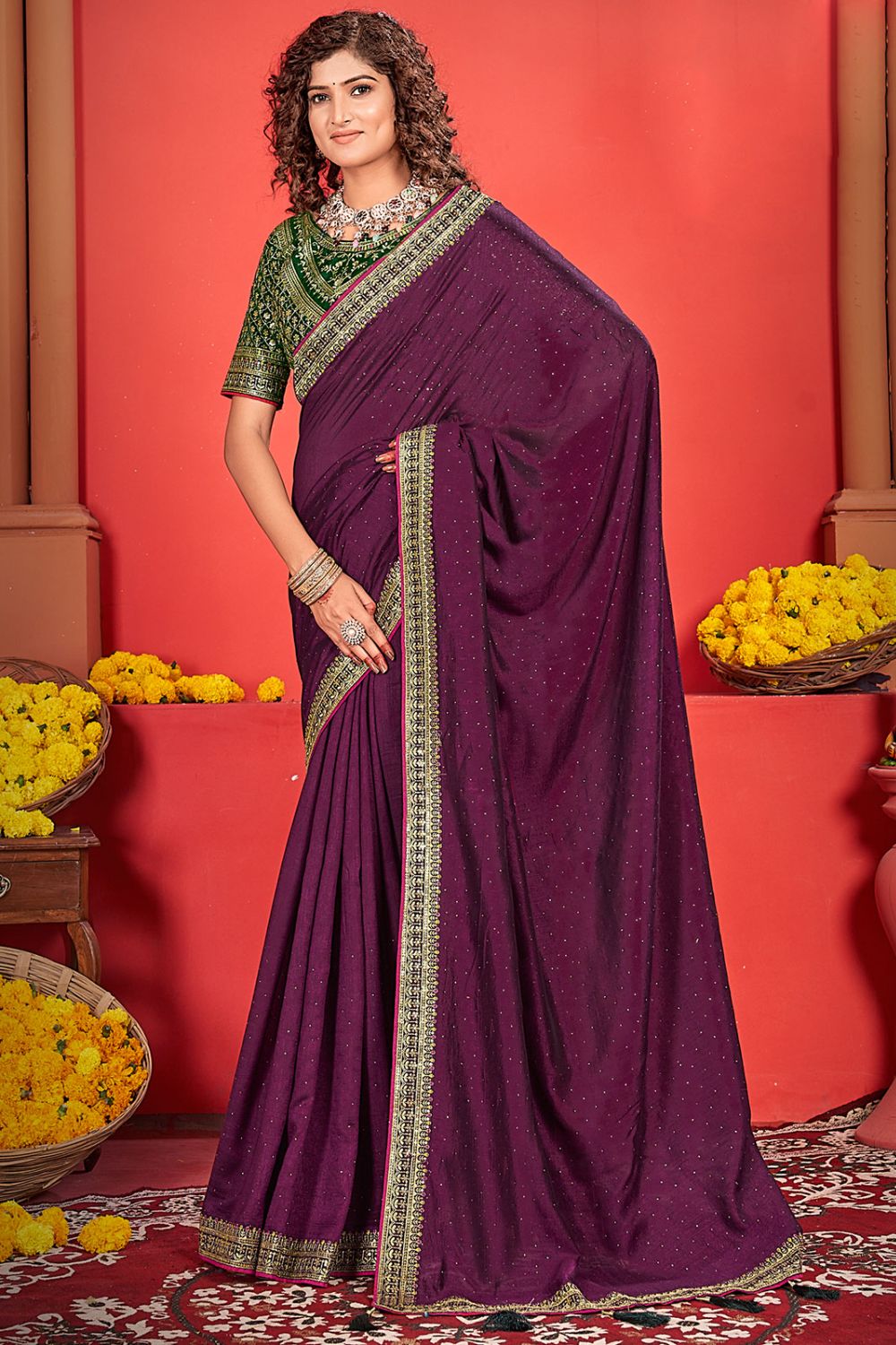 Wine Silk Saree with Embroidered Border