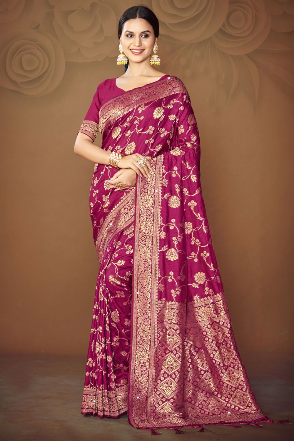 Wine Silk Woven Work Saree