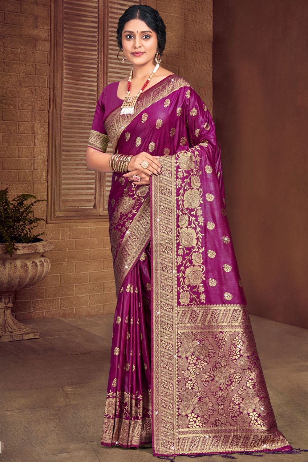 Wine Silk Woven Work Saree