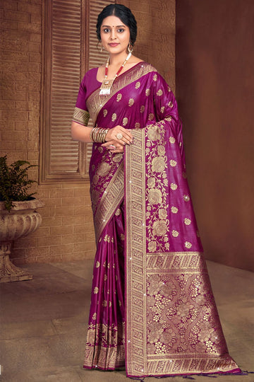 Wine Weaving Work Silk Saree