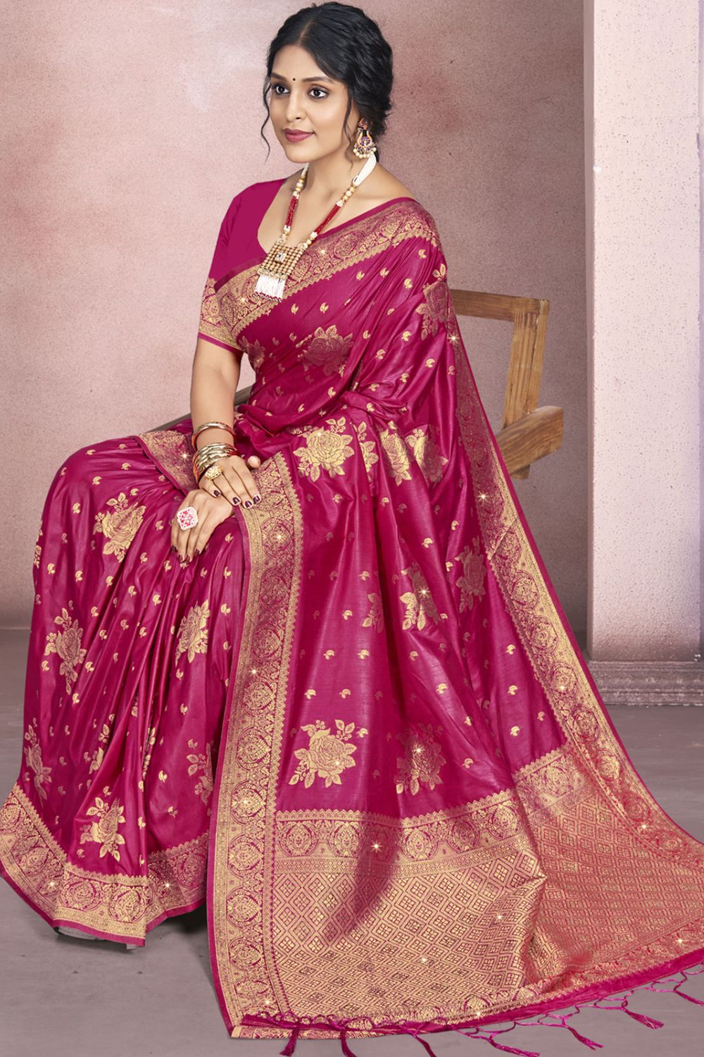 Wine Silk Woven Work Saree