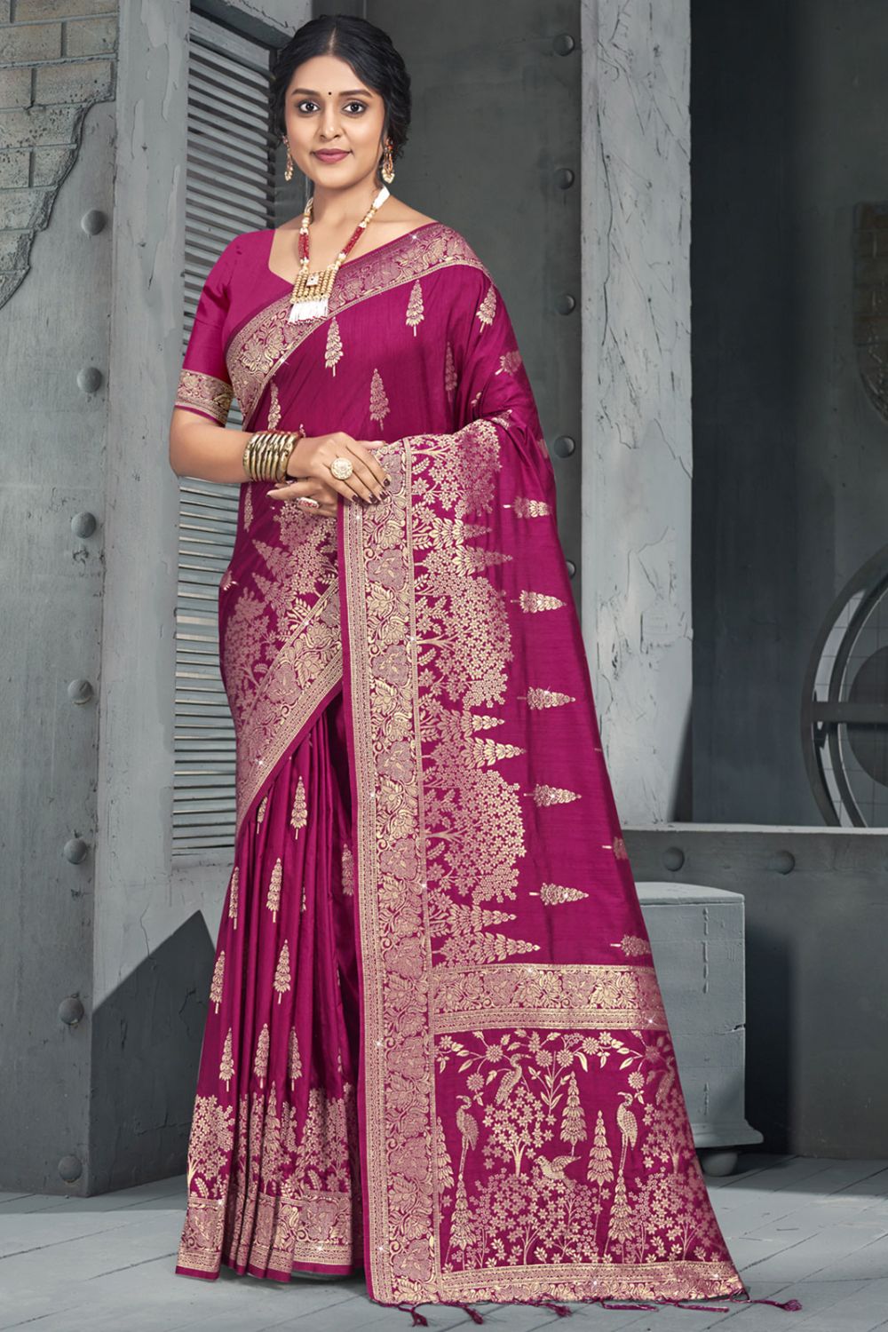 Wine Silk Woven Work Saree