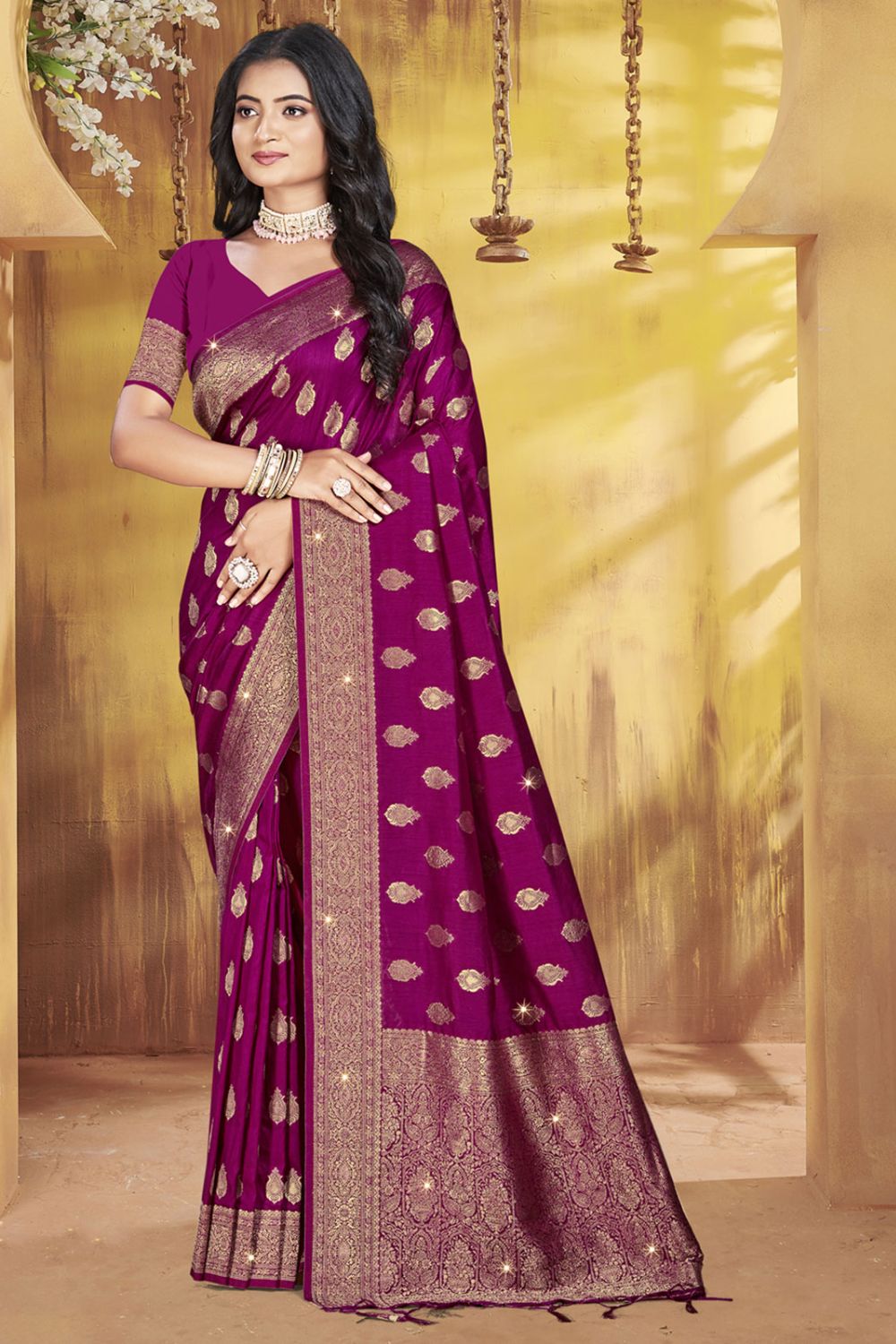 Wine Silk Woven Work Saree