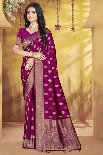 Wine Weaving Work Silk Saree