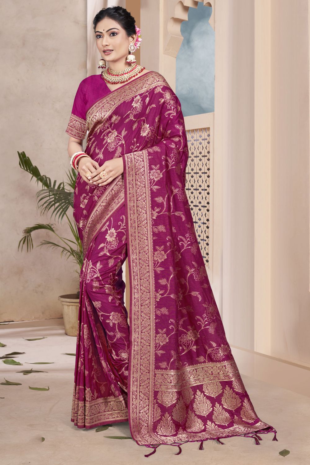 Wine Silk Woven Work Saree