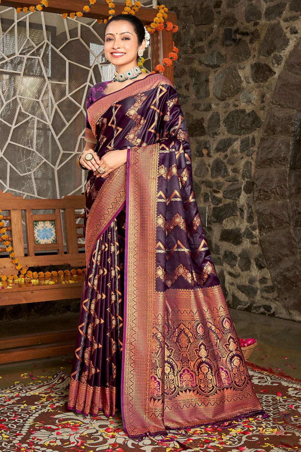 Wine Silk Zari Woven Saree