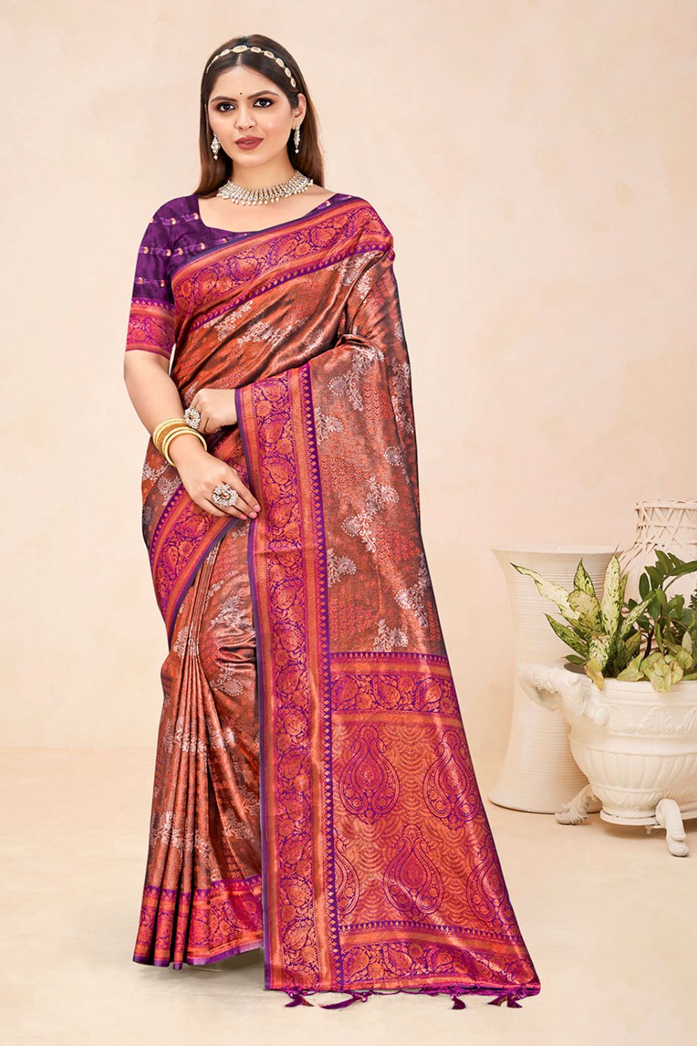 Wine Silk Zari Woven Saree