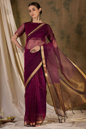 Wine Silk Zari Woven Party Wear Saree