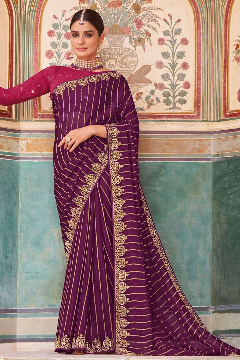 Wine Chiffon Saree for Festival