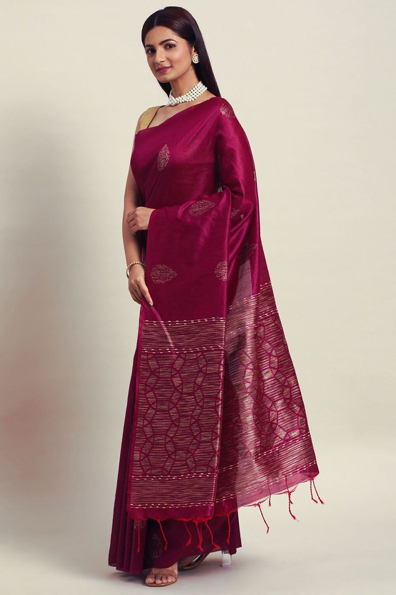 Wine Handloom Weaving Raw Silk Saree