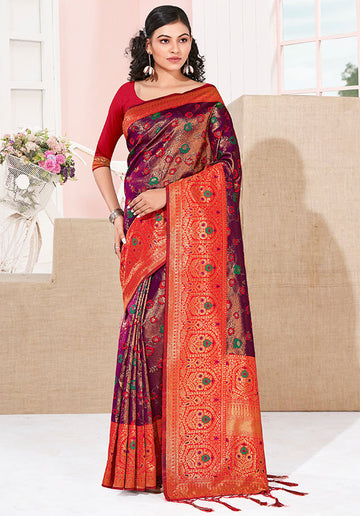 Wine Woven Kanjivaram Silk Saree for Festival