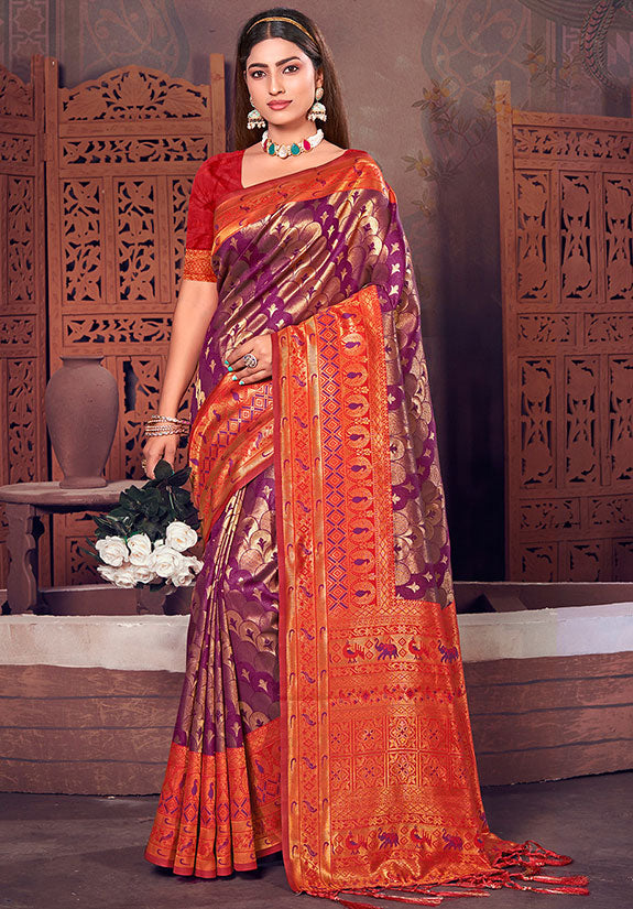 Wine Woven Kanjivaram Silk Saree for Festival for Festival