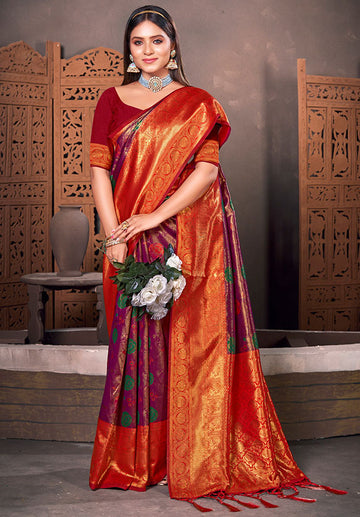 Wine Woven Kanjivaram Silk Saree for Festival