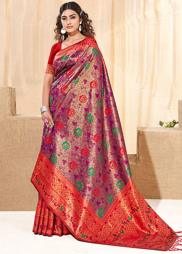 Wine Woven Kanjivaram Silk Saree for Festival for Festival