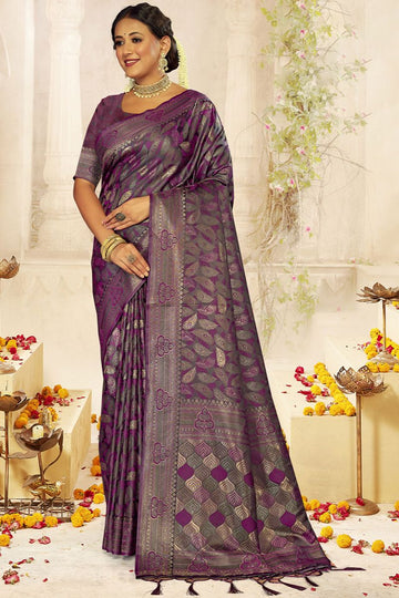 Wine Weaving Work Satin Silk Saree