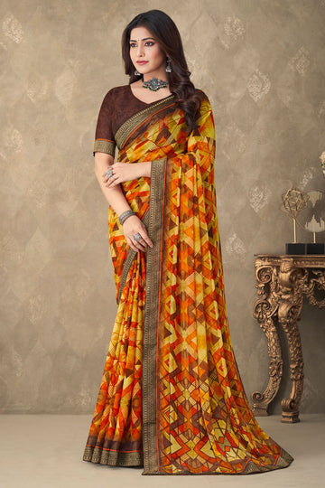 Yellow Chiffon Printed Casual Wear Saree