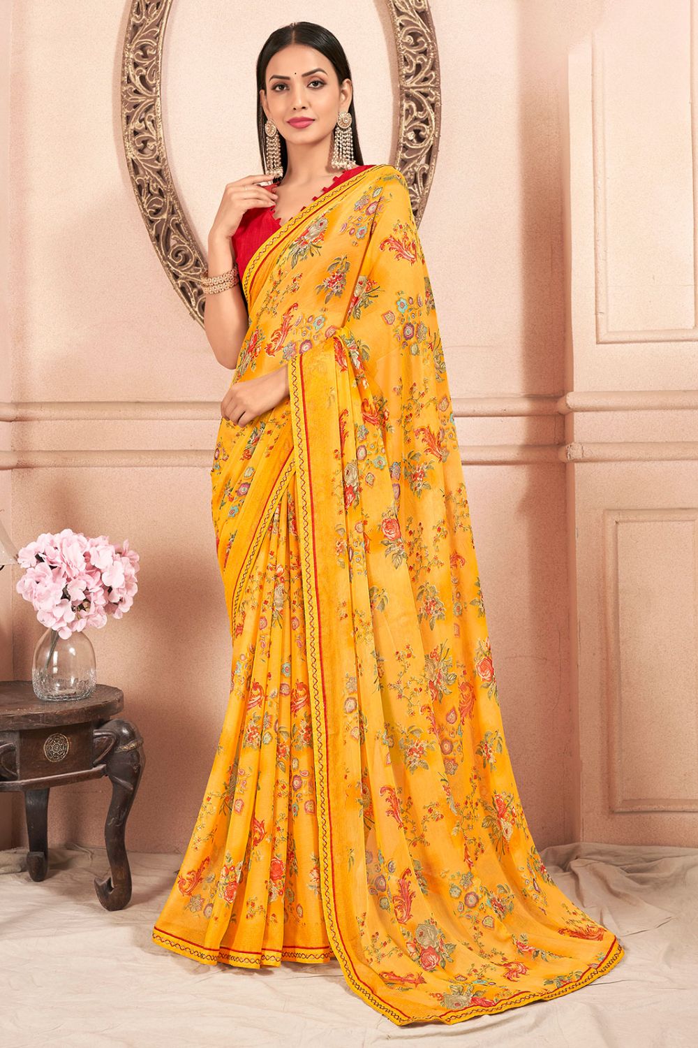 Yellow Chiffon Printed Casual Wear Saree