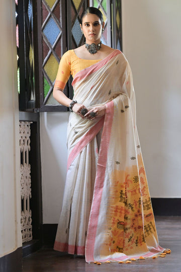 Ivory Cotton Ikkat Woven Party Wear Saree