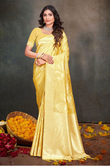 Yellow Zari Weaving Work Cotton Silk Saree