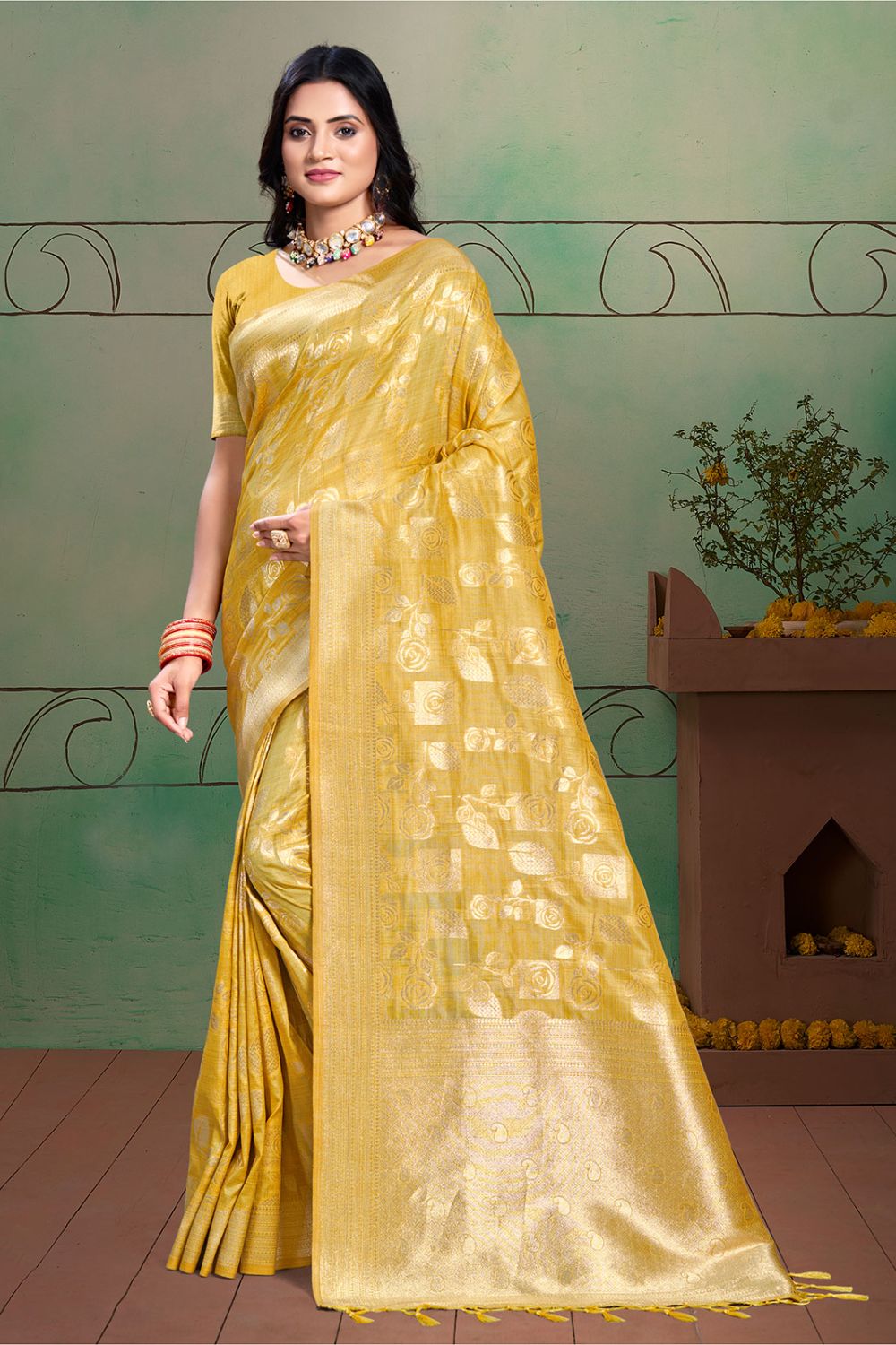 Yellow Cotton Silk Zari Woven Saree